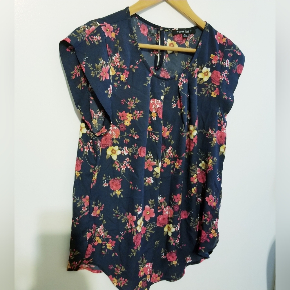 SWEET RAIN Navy Blue Floral Sleeveless Pleated Sheer Blouse Medium Boho Romantic - Picture 8 of 8